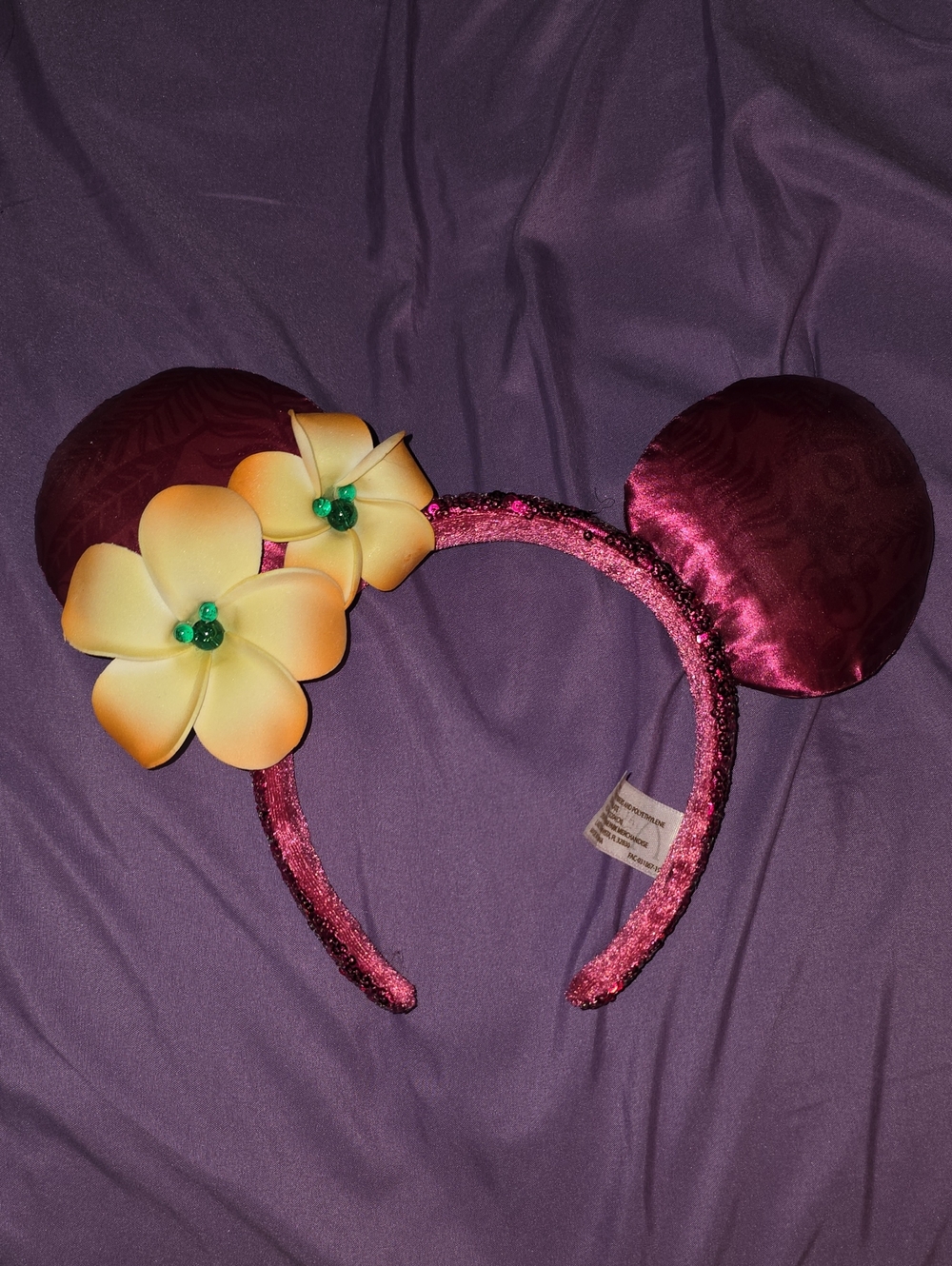 Disney Aulani Pink Sequin Minnie Ears Headband with Yellow Flower Accents